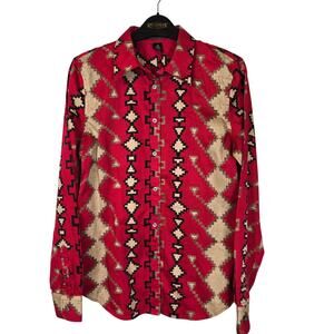 Lauren Ralph Lauren Blouse Women's M Red Tan Navaho Print Southwestern Cowgirl